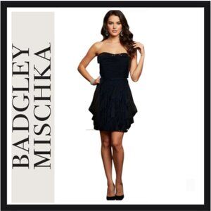 Badgley Mischka  Silk Strapless Ruffled Tiered Cocktail Dress